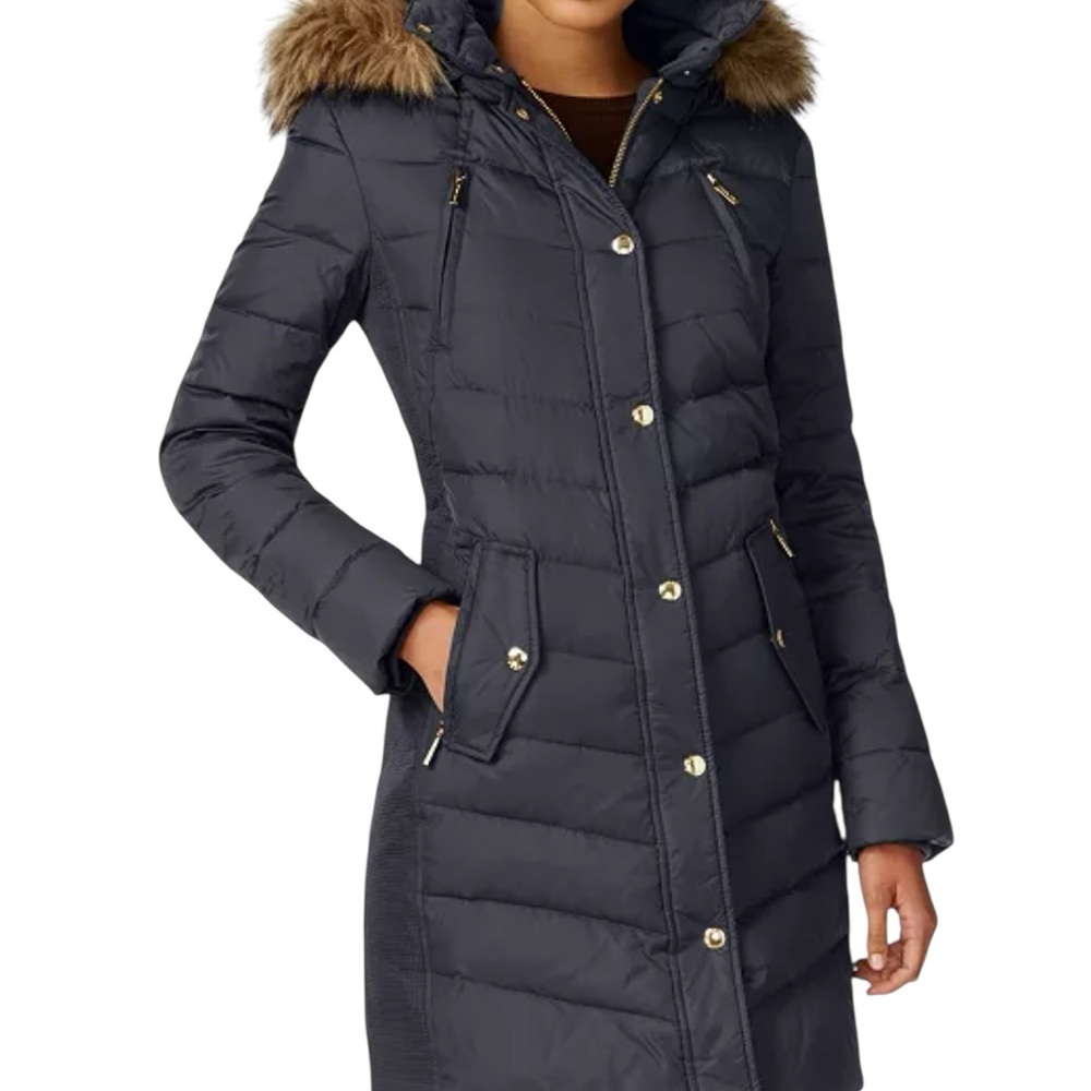 MICHAEL Michael Kors Puffer Coat Faux Fur Hood Navy Size XL